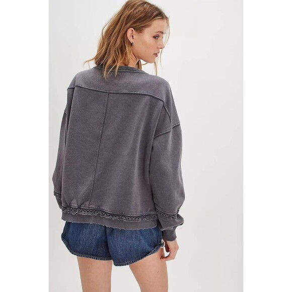 Free People Golden Hour Sweatshirt Top Eyelet Embroidered Oversized XS 280793 - Picture 3 of 8